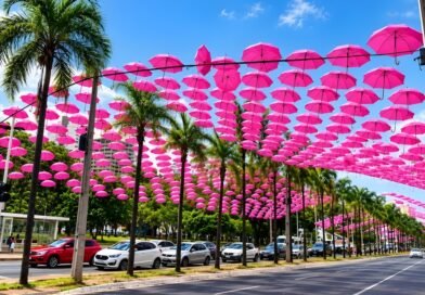 Mais de 1,5 mil guarda - chuvas rosas transformam trecho da Praça Tamandaré em Goiânia.