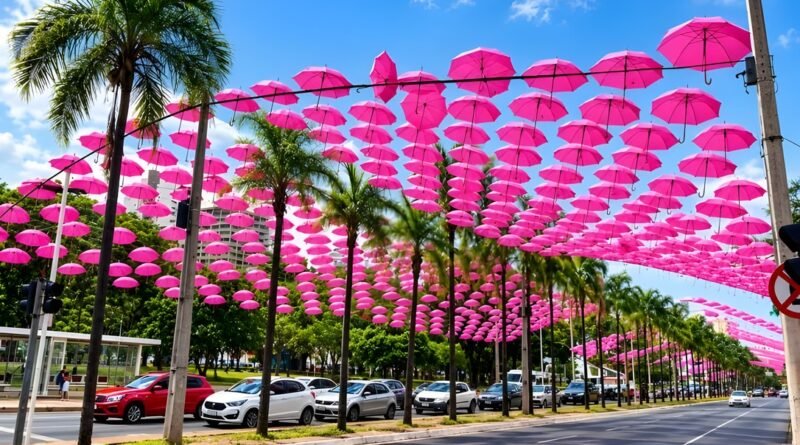 Mais de 1,5 mil guarda - chuvas rosas transformam trecho da Praça Tamandaré em Goiânia.